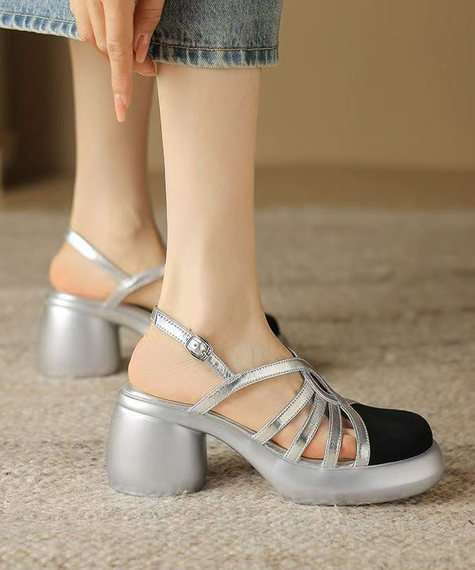 Comfortable Splicing Chunky Sandals Gold Hollow Out Cowhide Leather Kj065