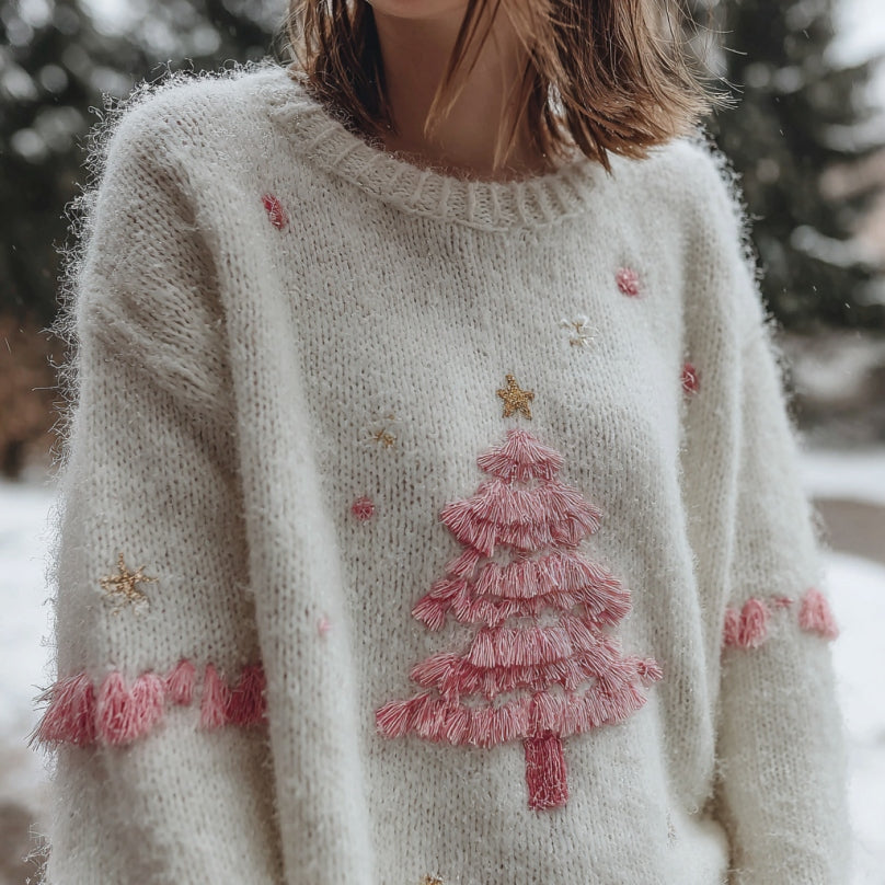 Comstylish Women's Pink Christmas Tree Embroidered Cozy Knit Sweater