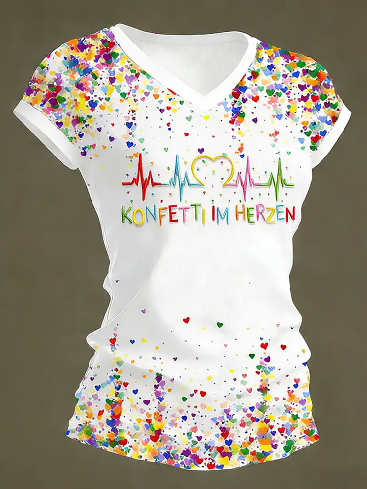 Comstylish Kölner Karneval Für Frauen Konfetti Im Herzen Print Lässiges T-shirt Mit V-ausschnitt
