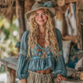 Women's Vacation Boho Floral Print Linen Blend Tops elevenforest