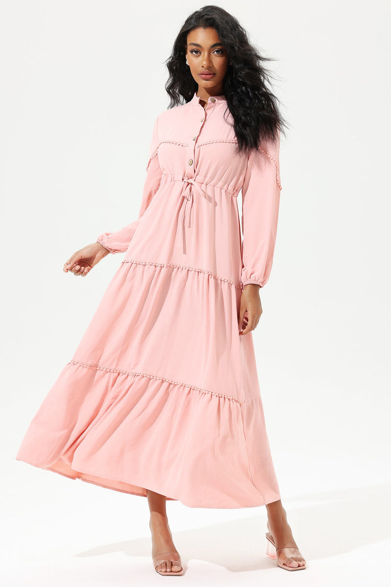 Long Sleeve Lace Up Midi Dress Pink