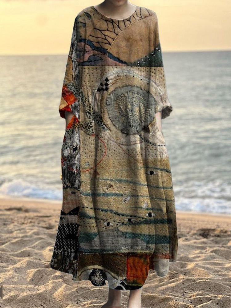 Vintage Stitching Embroidery Pattern Women's Linen Maxi Dress elevenforest