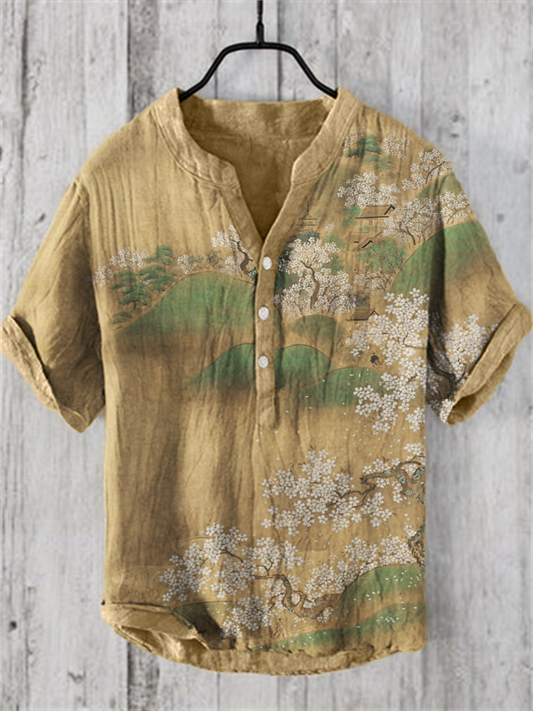 Cherry Blossom Mountains Landscape Japanese Art Linen Blend Shirt elevenforest