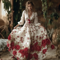 Bohemian Style Red Rose Retro Cotton And Linen Woman's V-neck Dress elevenforest