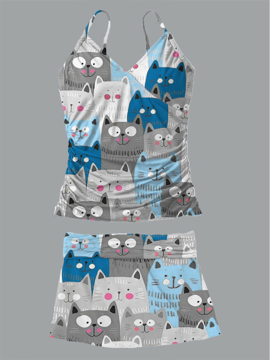 Women's Cute Cat Printed Suspender Shirred Swimsuit Set
