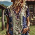 Women's Vintage American Western Country Style Floral And Stars Embroidered Linen Blend V-neck T-shirt elevenforest