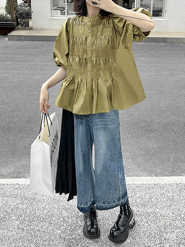 Loose Puff Sleeves Pleated Color Round-neck Blouses&shirts Tops