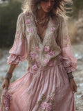 Boho Glitter Pink Roses Lace Gradient Flowy Linen Maxi Dress elevenforest