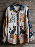 Vintage Cat Embroidery Art Women's Linen Long Sleeve Shirt elevenforest