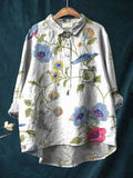 Women's Vintage Floral Bird Art Print Casual Cotton And Linen Shirt