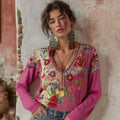 Women's Vintage Bohemian Floral Embroidery Art V-neck Long Sleeve Linen Blend T-shirt elevenforest