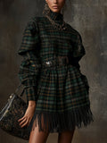 Tartan High-Neck Fringe Hem Mini Dress With Belt