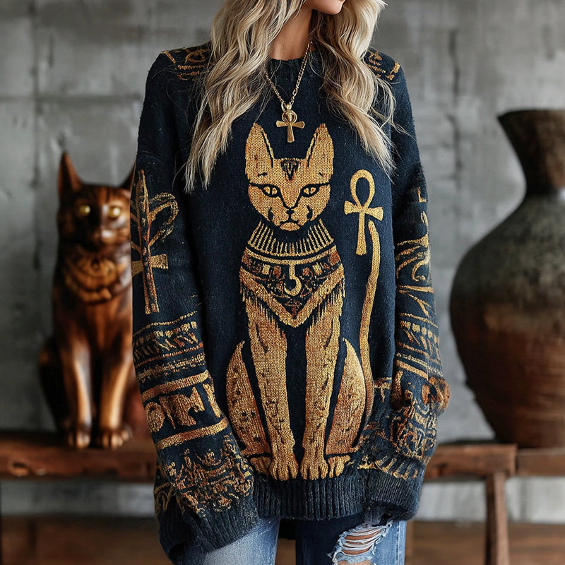 Comstylish Women's Ancient Egyptian Cat Pattern Knit Pullover Sweater