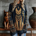 Women's Ancient Egyptian Cat Pattern Knit Pullover Sweater elevenforest