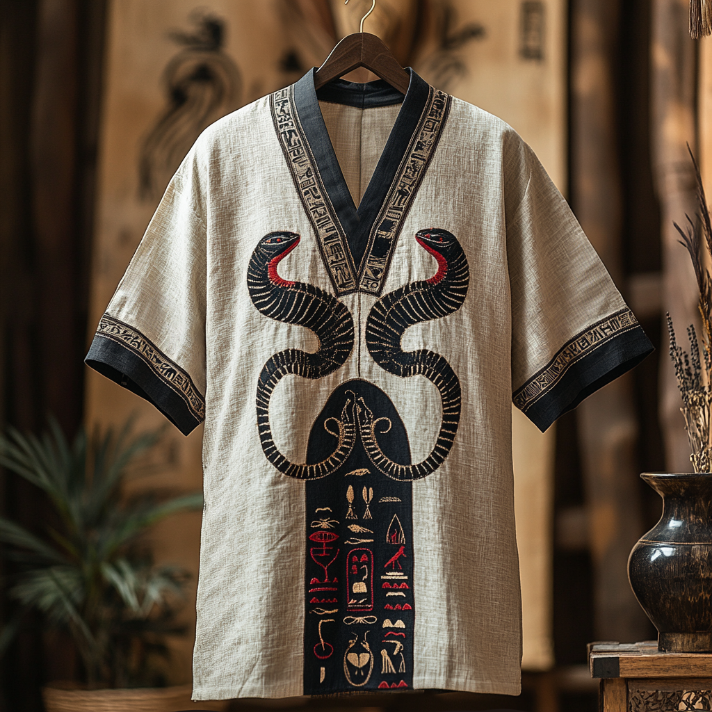 Ancient Egyptian Snake Art Embroidered Linen Shirt elevenforest