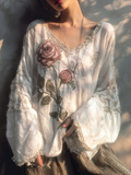 Retro White Rose With Sparkle Women's V-neck  Top elevenforest