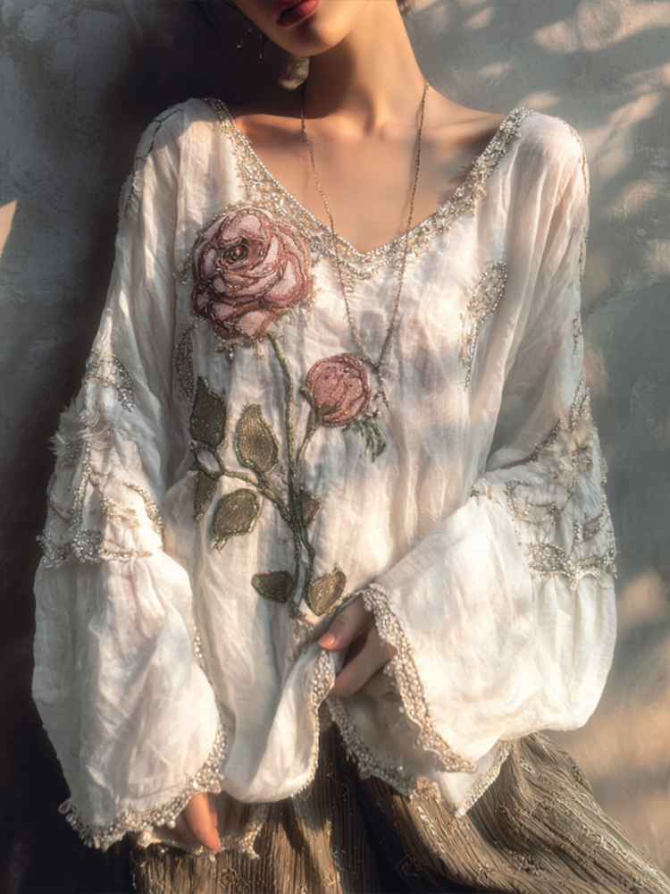 Retro White Rose With Sparkle Women's V-neck  Top elevenforest