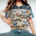 Women's Flower And Bird Art Round Neck T-shirt elevenforest