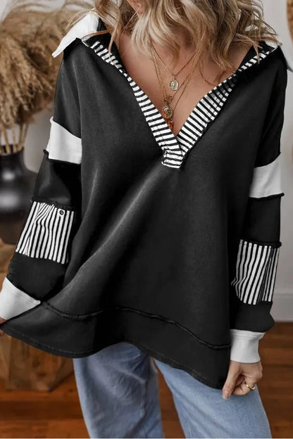 Light French Beige Striped Patchwork Collar Sweatshirt