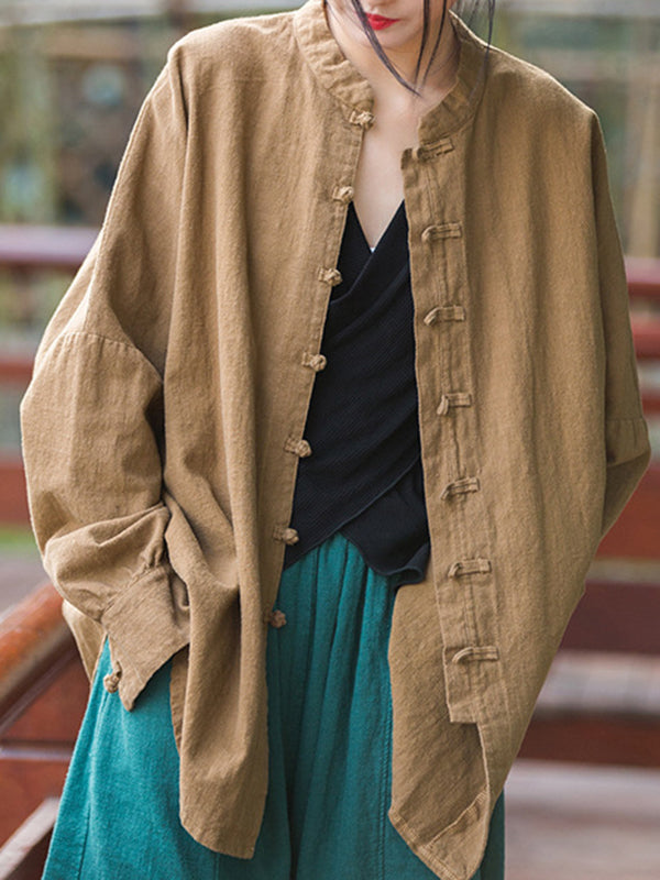 Batwing Sleeves Loose Chinese Frog Buttons Pleated Color Split-joint Stand Collar Blouses