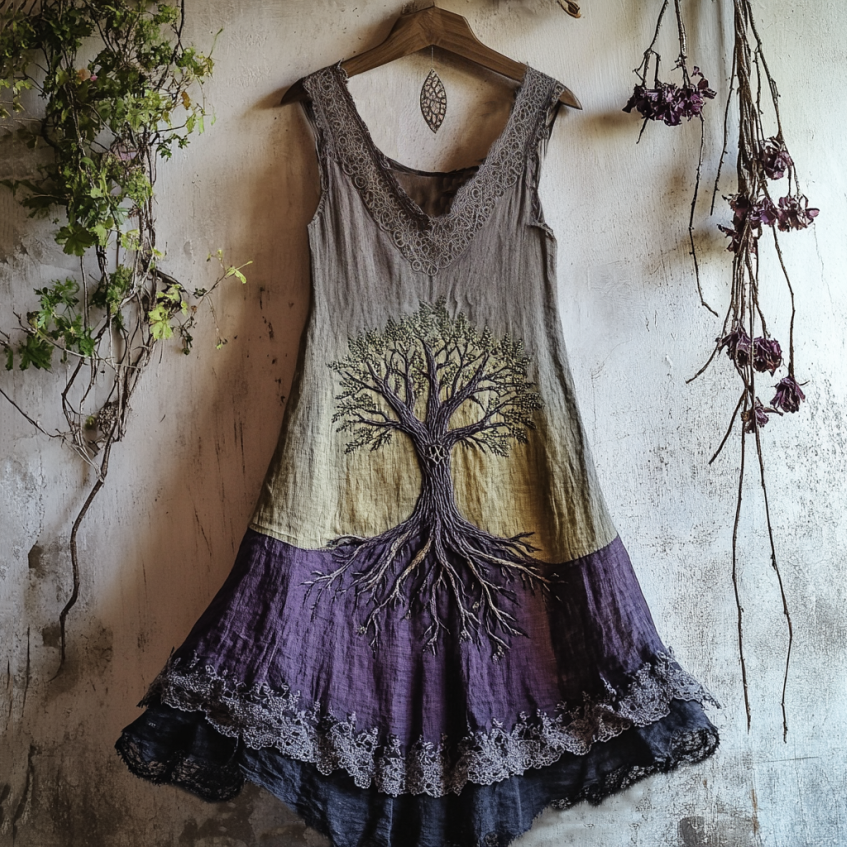 Viking Tribal Celtic Knot Life Of Tree Lace Patchwork Art Linen Tank Dress elevenforest