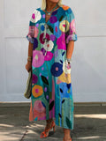 Women's Vintage Lovely Floral Art Print Pocket Cotton Dress