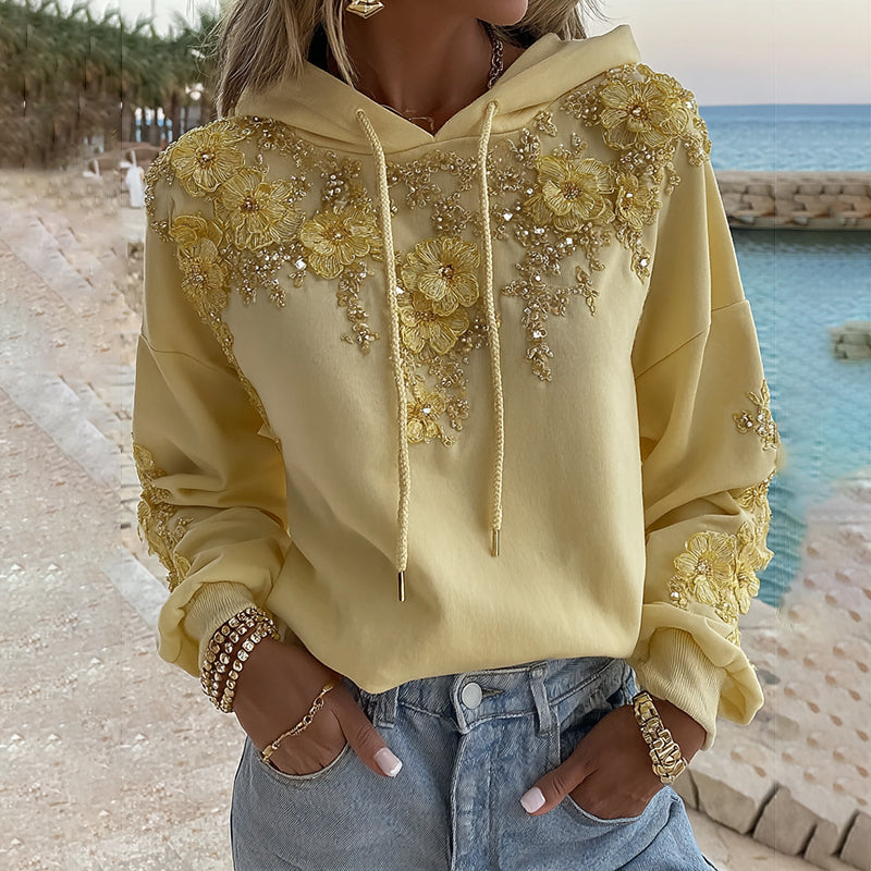 Women's Bohemian Yellow Floral And Gold Roses Embroidery Art Long Sleeve Hoodie elevenforest