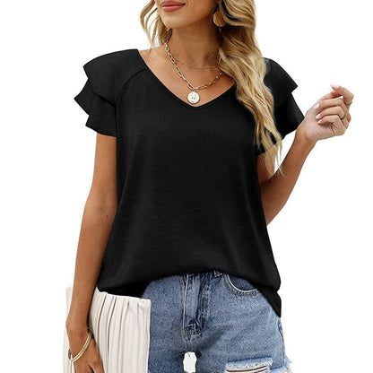 Tunics Double Layer Ruffle Short Sleeve Pullovers V-neck Slim Knit Shirts Loose Ol Commuter Blouse Tops