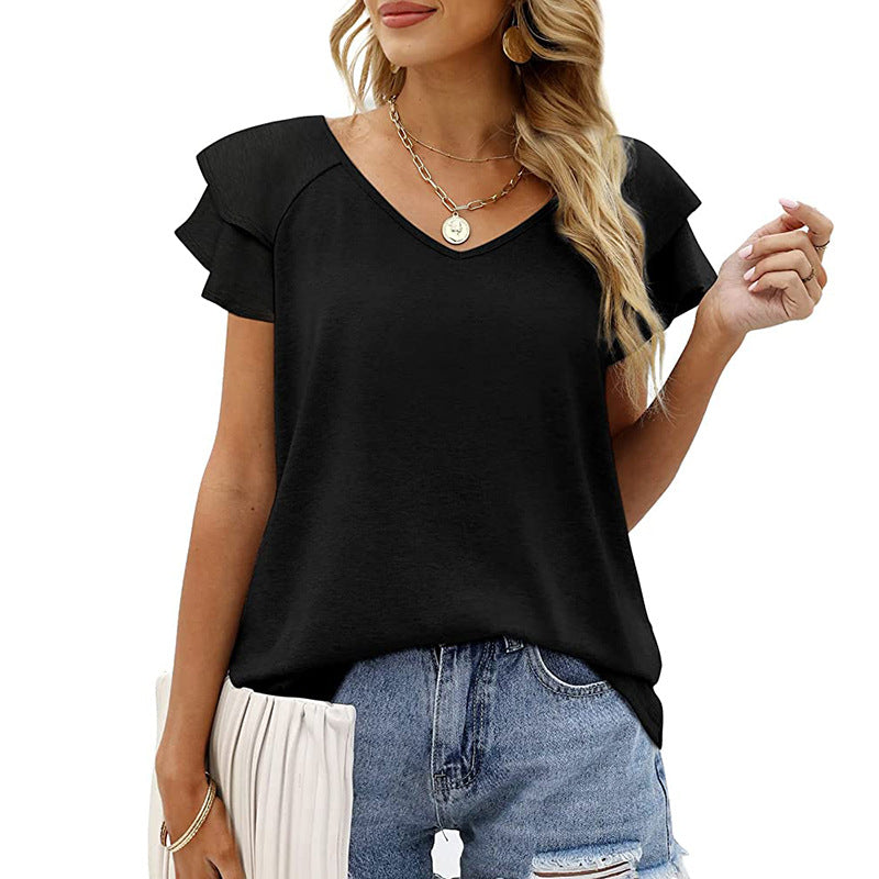 Tunics Double Layer Ruffle Short Sleeve Pullovers V-neck Slim Knit Shirts Loose Ol Commuter Blouse Tops