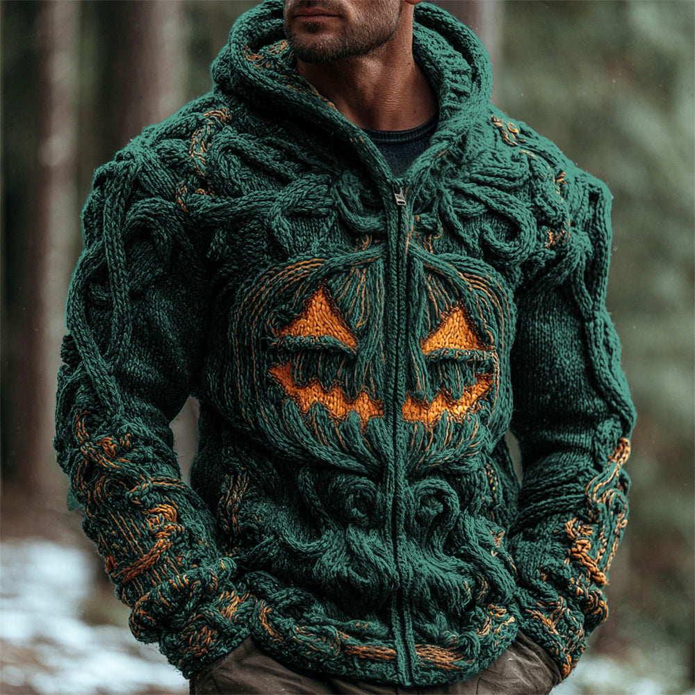 Halloween Pumpkin Emoji Men's Chunky Knit Full Zip Hooded Sweater elevenforest