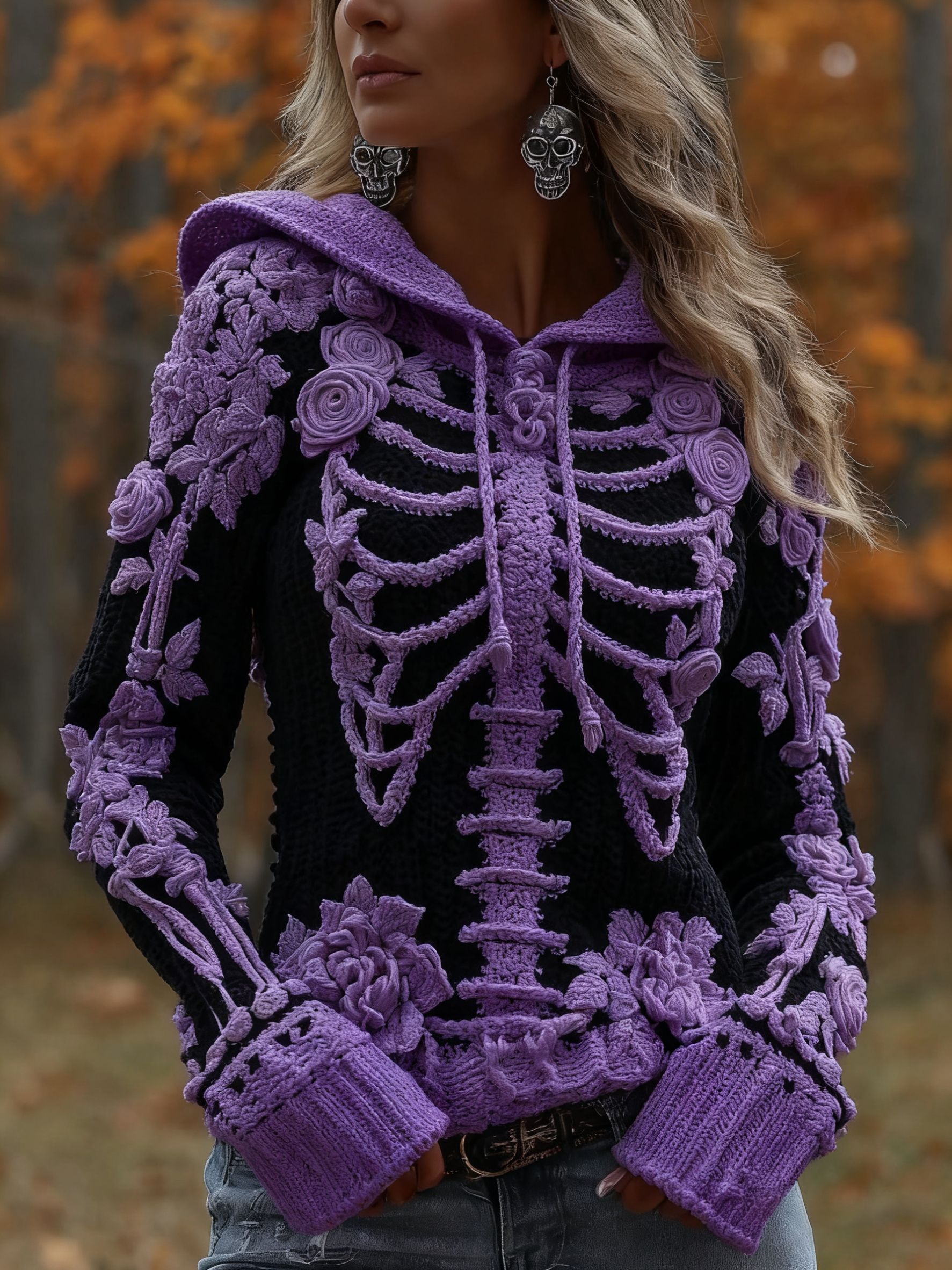 Women's Halloween Skeleton Bones With Roses Art Knitted Warm Hooded Sweater artswardrobe