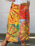 Women's Colorful Hippie Sun Collage Art Print Linen Pocket Skirt