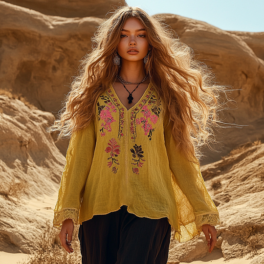 Vintage Holiday Bohemian Style Linen V Neck Long Sleeve Shirt elevenforest