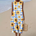 Women's Vintage Sunflower Art Print Sleeveless Casual Dress elevenforest