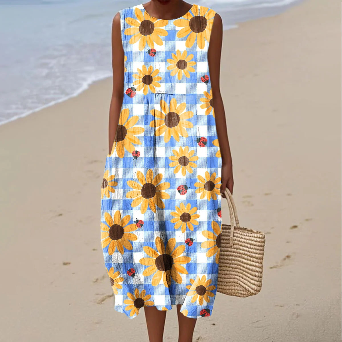 Women's Vintage Sunflower Art Print Sleeveless Casual Dress elevenforest