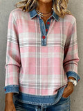 Women'S Casual Lapel Contrast Color Stitching Plaid Top 