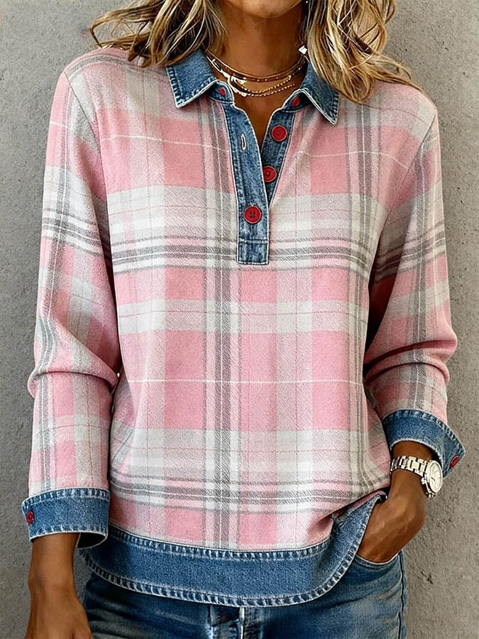 Women'S Casual Lapel Contrast Color Stitching Plaid Top 