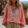 Women's Pink Rose Embroidery Casual Linen Shirt elevenforest