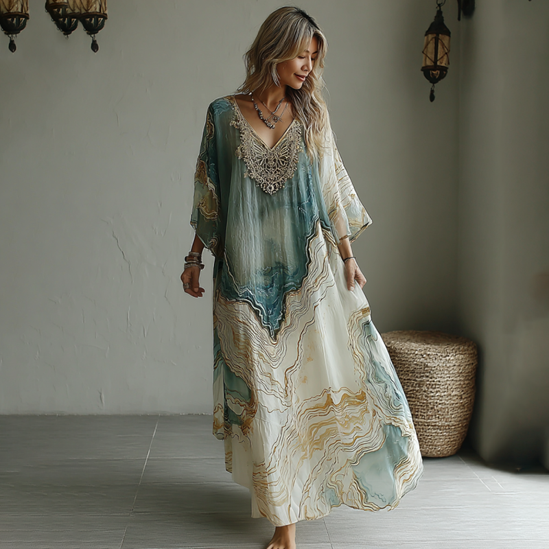 Vintage Marble Texture Collection Retro Bohemia Women Style Gradient Gilded Pattern Linen Maxi Dress elevenforest