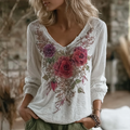 Bohemian Style Retro Red Rose Pattern Women's V-neck Long-sleeve Top elevenforest