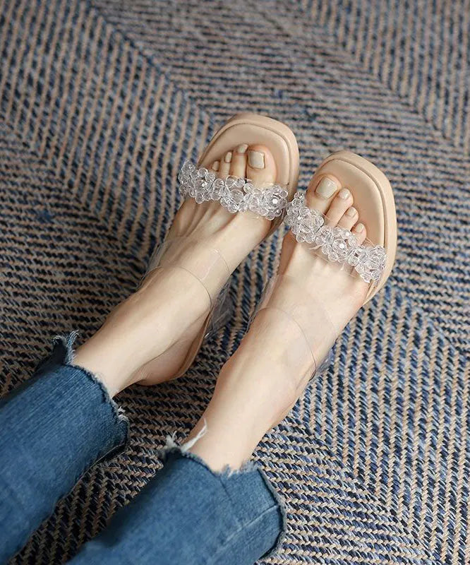 Beige Chunky Clear High Heel Slippers Peep Toe Platform Heels Lc0192
