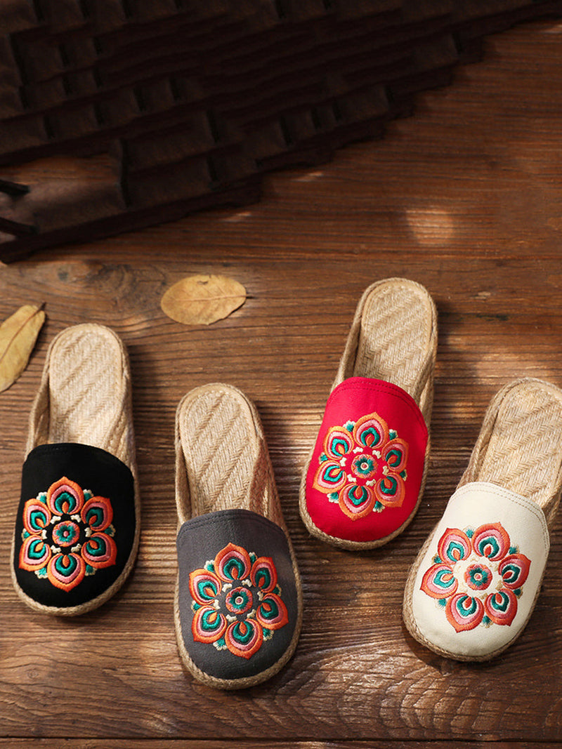 Summer Flower Embroidert Straw Slippers Ii1017