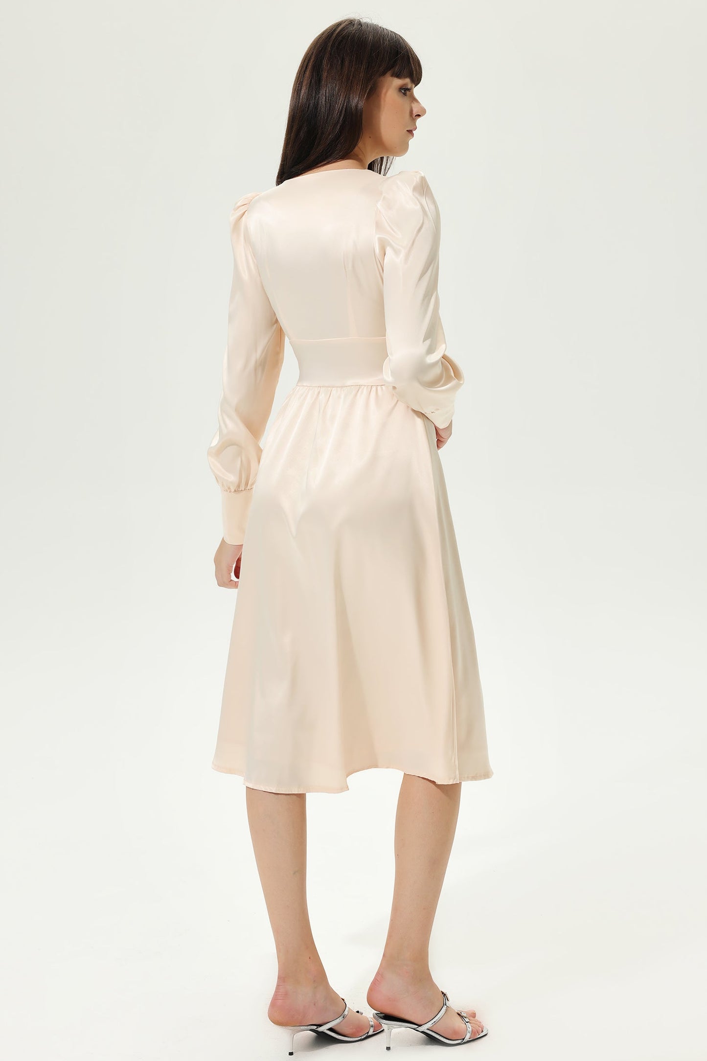 Lantern Sleeve V-neck Buttoned Midi Dress White