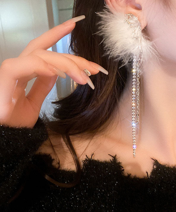 White Alloy Zircon Butterfly Plume Tassel Drop Earrings