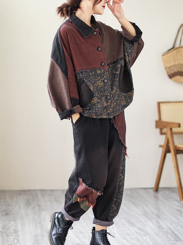Contrast Color Fringed Split-joint Long Sleeves Printed Outwear + Harem Pants Two Pieces Set