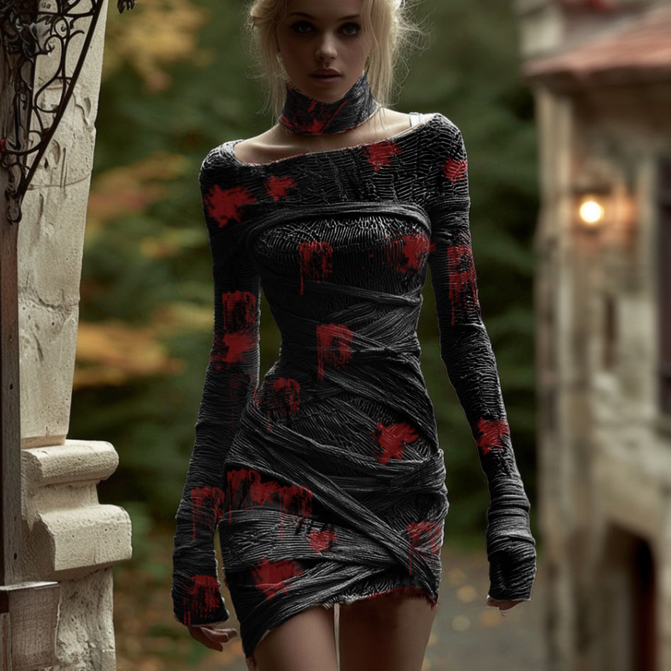 Women's Halloween Line Art Bandage Design Round Neck Knit Sweater Dress artswardrobe