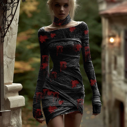 Women's Halloween Line Art Bandage Design Round Neck Knit Sweater Dress artswardrobe