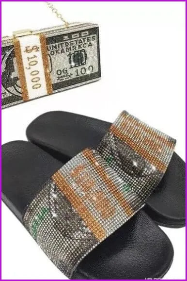 Rhinestone Dollars Slippers and Handbag/head Hoop F1709