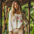 Retro Bohemian Floral Embroidery Art Print Cotton And Linen Blend Loose Blouse elevenforest