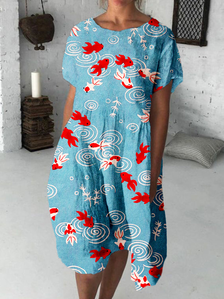Japanese Gold Fish Art Graphic Crew Neck Midi Dress elevenforest